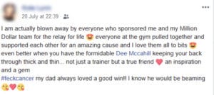 Million Dollar Fitness LDerry weight loss testimonial-trainer and true friend -relay for life